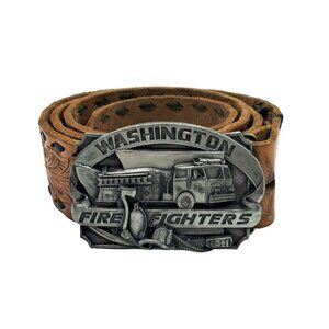 Washington Fire Fighters Belt Buckle & Tooled Leather Belt Vintage Siskiyou Buck